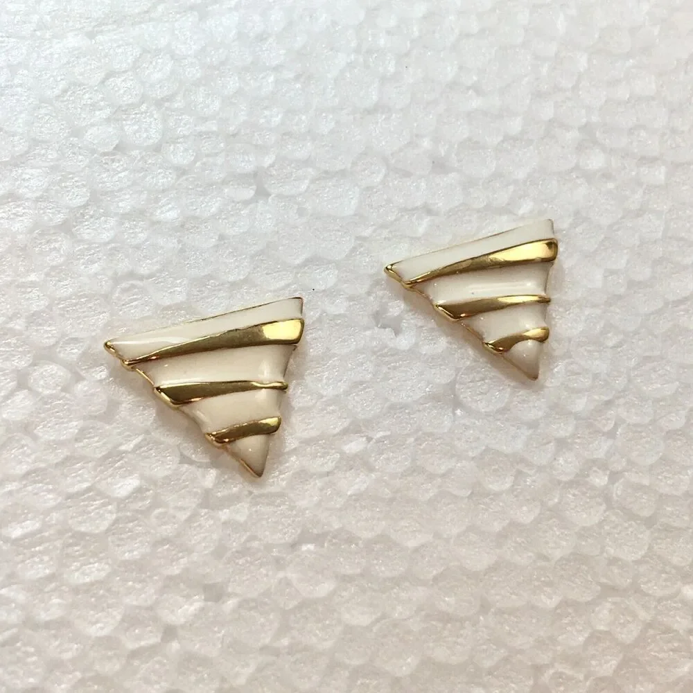 Vintage Coro Earrings Gold Tone White Enamel Triangle Studs Posts